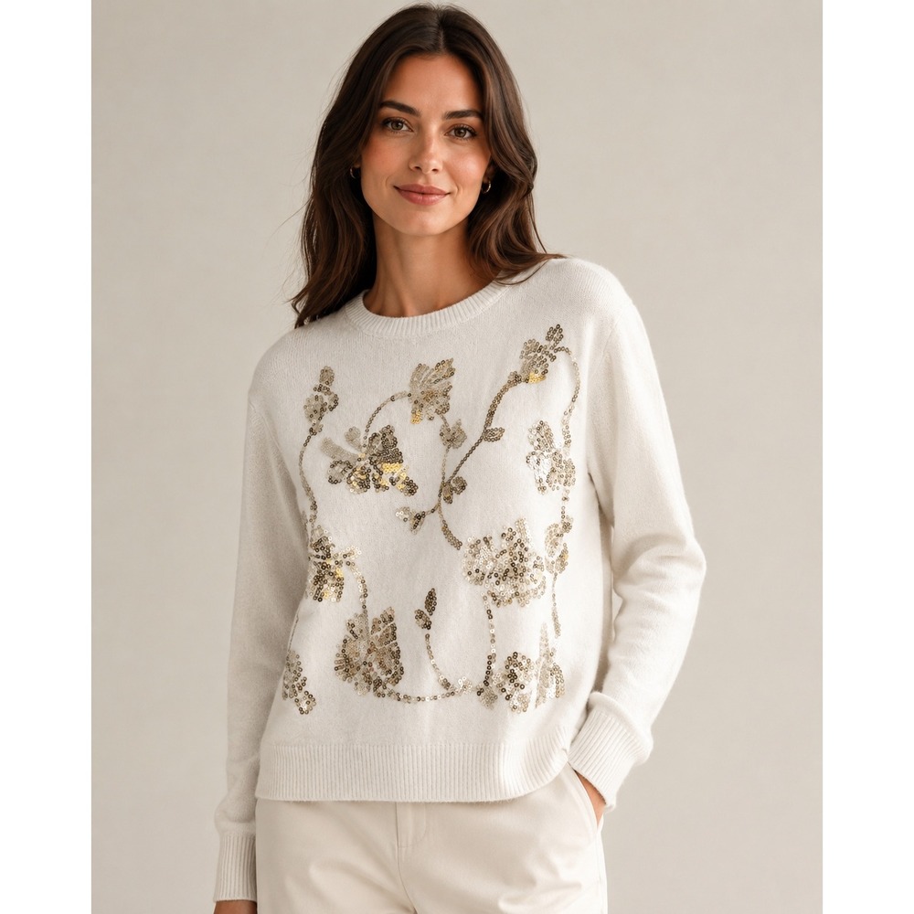 RAIN Ivory Sequin Floral Wool Blend Crew Neck Sweater SW5063 NWT Large